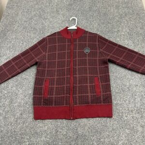 Karaca Sweater Mens M Bordo Wool Blend Plaid Full Zip Mock Neck Casual Classic